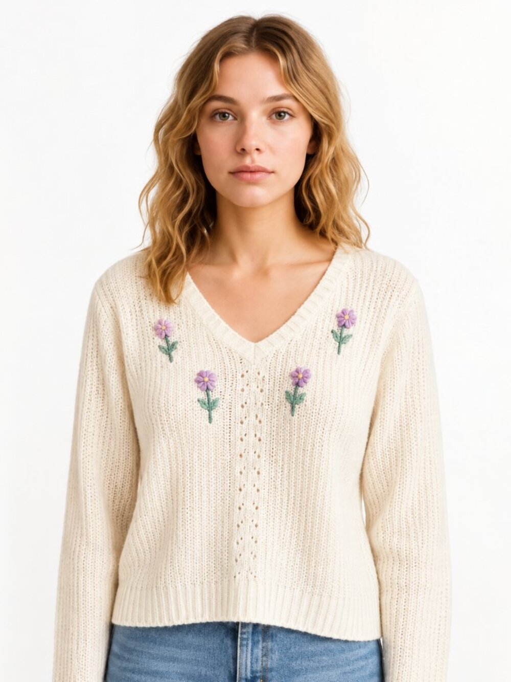 Adoria Vintage Y2K Cream Floral Embroidered V Neck Knit Sweater 90s Small
